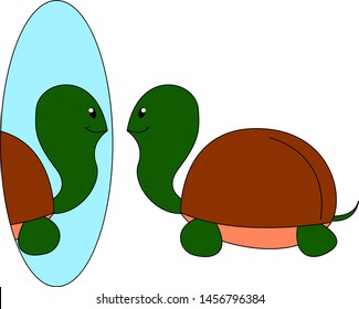 Turtle looking at the mirror, illustration, vector on white background