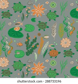turtle lotus seaweed ocean fish pattern