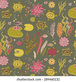 turtle lotus seaweed ocean fish pattern
