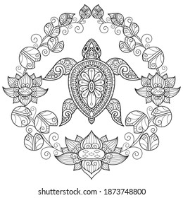 Turtle And Lotus.
Zentangle Stylized Cartoon Isolated On White Background. 
Hand Drawn Sketch Illustration For Adult Coloring Book. 
