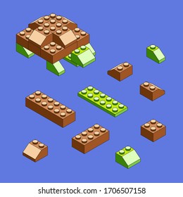 Turtle made of blocks. Isometric constructor. Blocks and elements to create funny figures. Flat design.