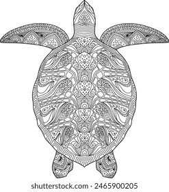 Turtle Mandala vector line art. Black and white illustration. No stress meditation art. Sea sealife animal doodle