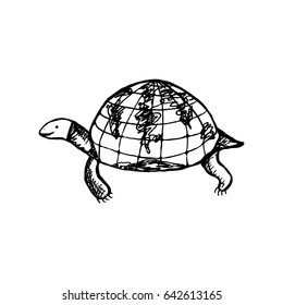 Turtle with a map of the world on a shell. Sketch vector illustration.