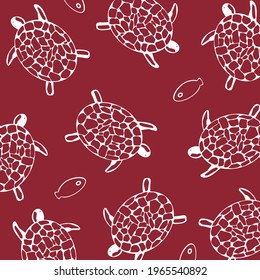 Turtle, marine animal illustration. Many white turtles on red background. Minimalist contemporary trendy pattern. Fashionable template for design, wrapping paper, textile, kids.