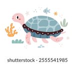 Turtle in a marine environment among fish, algae and corals. Modern minimalist illustration in Scandinavian kids style.