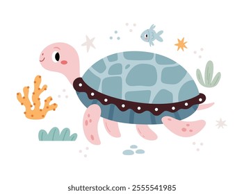 Turtle in a marine environment among fish, algae and corals. Modern minimalist illustration in Scandinavian kids style.