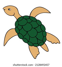 Turtle. Marine reptile with green shell. Water turtle with an oval shell. Color vector illustration. Ocean dweller. Cartoon style. Isolated background. Idea for web design, book.