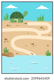 Turtle Maze Illustration – A cute turtle at the starting point of a simple maze, leading to a water body. Perfect for children's activity books and educational content.