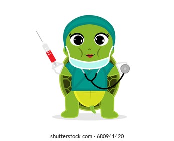  Turtle medical surgeon cartoon with stethoscope and syringe. Funny vector illustration.