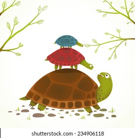 Turtle Mother and Babies Childish Animal Illustration. Watercolor style drawing of mom and her children. Vector illustration EPS10.