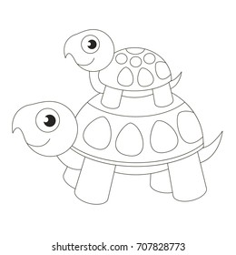 Turtle mother and baby cartoon. Outlined illustration with thin line black stroke