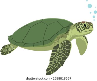 The turtle moves gracefully through the water, creating bubbles.