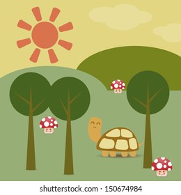 Turtle and mushrooms in the forest.