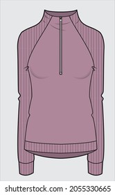 TURTLE NECK HIGH NECK RAGLAN SLEEVES SWEAT TOP WITH HALF ZIPPER DETAIL DESIGNED FOR WOMEN AND TEEN GIRLS IN VECTOR ILLUSTRATION