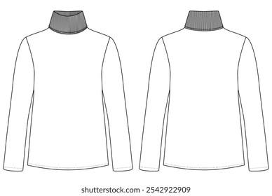 turtle neck long sleeve t shirt vector Template illustration front and back view