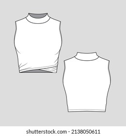 turtle neck sleeveless top criss cross hem vest t shirt blouse  fashion tee  flat sketch drawing template design vector