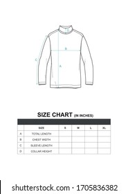 Turtle neck sweater, line sketch and size chart