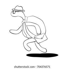 Turtle with necktie and briefcase running outline isolated on white background vector
