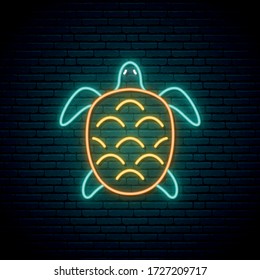 Turtle neon sign. Underwater animal. Turtle glowing emblem on dark brick wall background. Vector illustration.