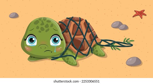 Turtle in net. Adorable and cute animal trapped on sandy beach. Caring for environment, violence against fauna, poaching. Motivational poster or banner for website. Cartoon flat vector illustration