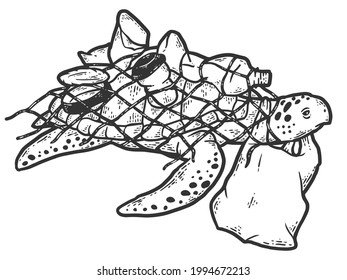 Turtle in net with plastic bottles, concept cleanliness. Sketch scratch board imitation coloring.