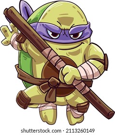 Turtle ninja and stick in hand  3D Illustration 