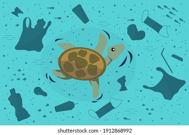 Turtle in ocean among garbage - bottle, glass, light bulb, mask, package, glass. Stop ocean plastic pollution. Ecological problem