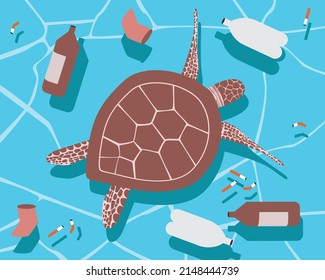 Turtle in the ocean with garbage. Flat vector stock illustration. Plastic pollution in water concept. Bottles and cigarette butts like a dump