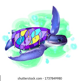 Turtle in the ocean. Sea turtle. Dripping paint, artistic, colored drawing of a sea turtle on a white background. Wall stickers