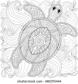 Turtle in ocean waves, zentangle style. Freehand sketch for adult coloring page, doodle elements. Ornamental artistic vector illustration for tattoo, t-shirt print. Sea animal collection. svg