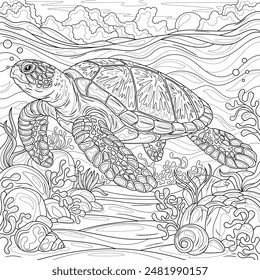 Turtle in the ocean.Coloring book antistress for children and adults. Illustration isolated on white background. Hand draw