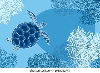 Turtle on the background of coral in the ocean. World Turtle Day. Vector illustration in blue tones.