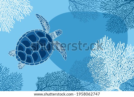Turtle on the background of coral in the ocean. World Turtle Day. Vector illustration in blue tones.