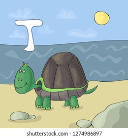  Turtle on the beach by the sea. Children's illustrated alphabet character. Letter T.