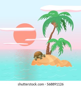 Turtle on a beach on a lonely island with two palm trees in the middle of the ocean, with sun and clouds on a background