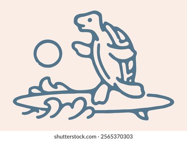 Turtle on the beach playing surfboard