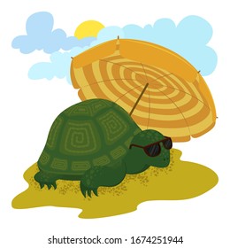 Turtle on the beach. Vector illustration. Cute cartoon character. Summer vacation.