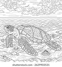 A turtle on the beach.Coloring book antistress for children and adults. Illustration isolated on white background. Hand draw