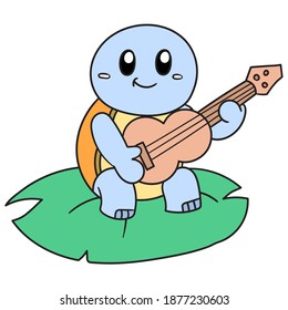 a turtle on a leaf playing music using a guitar, doodle kawaii. doodle icon image. cartoon caharacter cute doodle draw