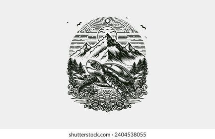 turtle on mountain vector outline design