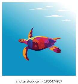 Turtle on the ocean in popart style for illustration and background