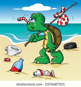 Turtle on a polluted beach