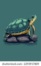 Turtle on a rock in the water. Vector illustration in cartoon style. flat vector cartoon style