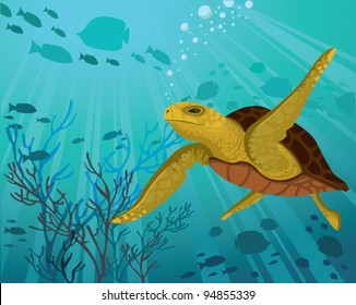 Turtle on a silhouettes of fish and sun rays in a sea