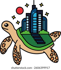 A turtle is on top of a building. The turtle is green and brown. The building is tall and has many windows