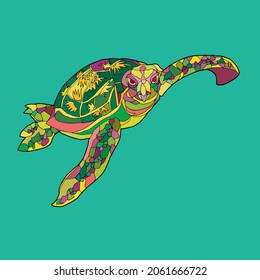 Turtle on a turquoise background. Vector illustration.