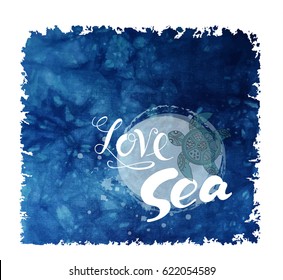 Turtle on vector dark blue background.