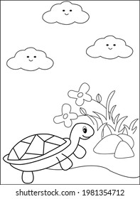 Turtle on white isolated background. Good for kids and adults coloring book pages.
