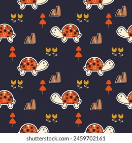 Turtle orange cartoon so cute. On flower tree mountain background. Pattern seamless vector illustration. 
