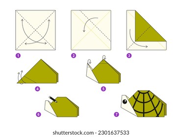 Modelo de movimiento de tutorial de esquema de origami de tortuga. Origami para los niños. Paso a paso cómo hacer una linda tortuga de origami. Ilustración vectorial.